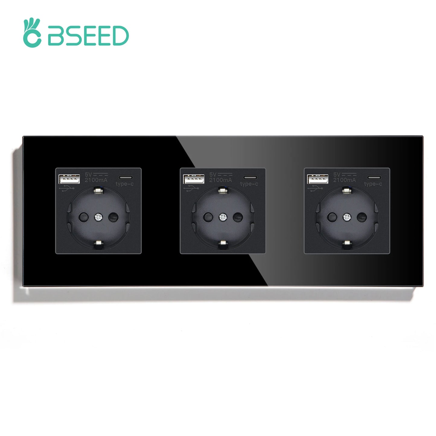 BSEED EU Standard Wall Electrical Sockets Type-C Outlets Wall Power Socket USB Charge Port Glass Panel Kids Protection 16A