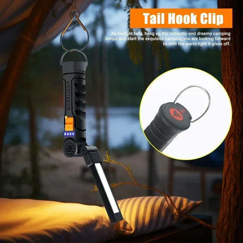 Lampe de poche USB rechargeable avec batterie intégrée, lampe de travail à LED pour camping avec base magnétique, 5 modes pour la maison, le camping en plein air