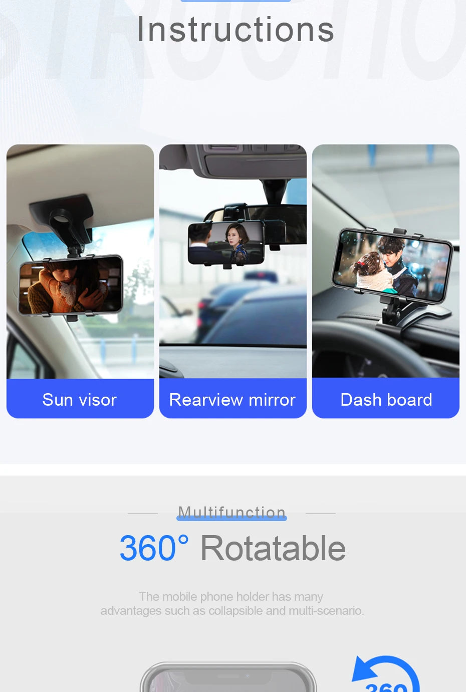 Support de téléphone de tableau de bord pour voiture, rotation à 360 degrés, support de téléphone avec pince en caoutchouc, support universel pour smartphone de voiture pour la navigation