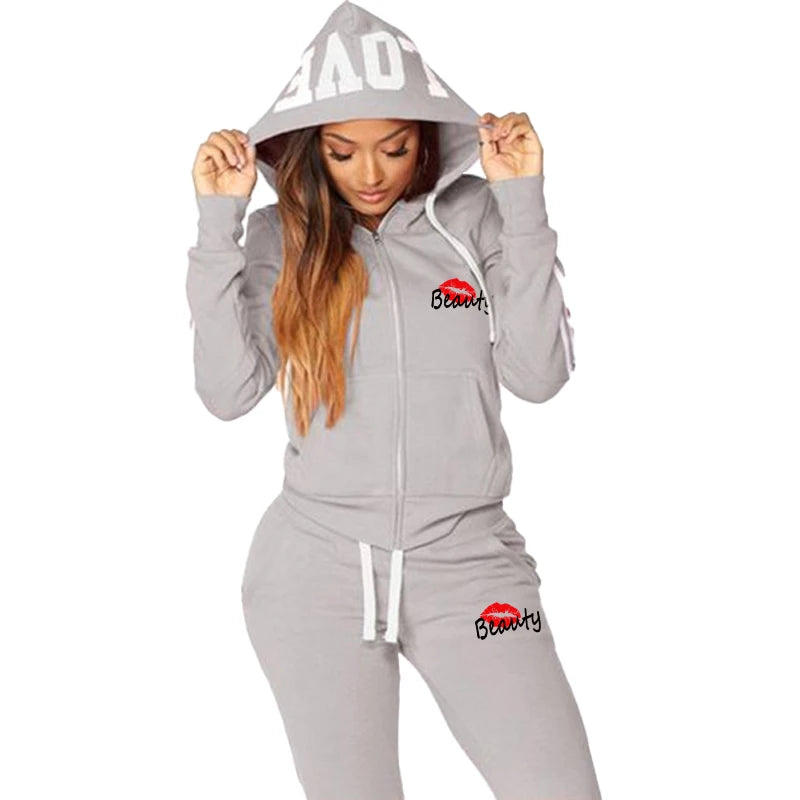 New Women's Printed Sportswear Set Full Zip Hoodie and Pants Casual Sports Set Winter 2-Piece Jogging Set