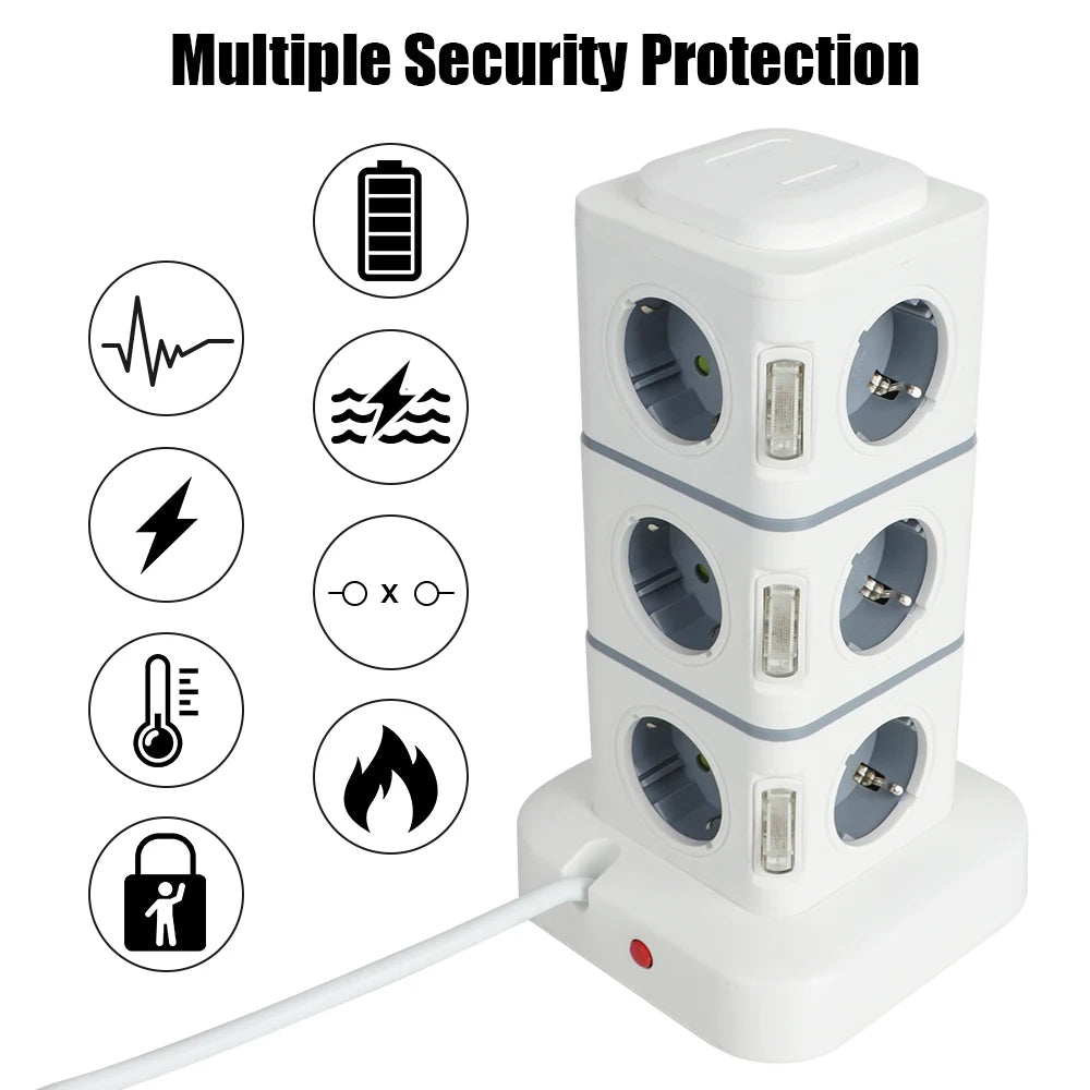 Tour 12 prises multiprises verticales 2,8 m Rallonge électrique Prise UE avec 4 ports USB Interrupteur de protection contre les surcharges 220 V 10 A