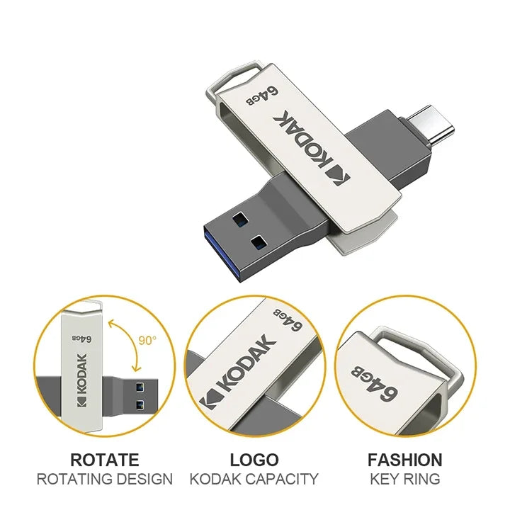 KODAK USB3.2 Type C Flash Drive 256GB 128GB 32GB Pendrive High Speed Dual Memory Stick For Smartphone Laptop