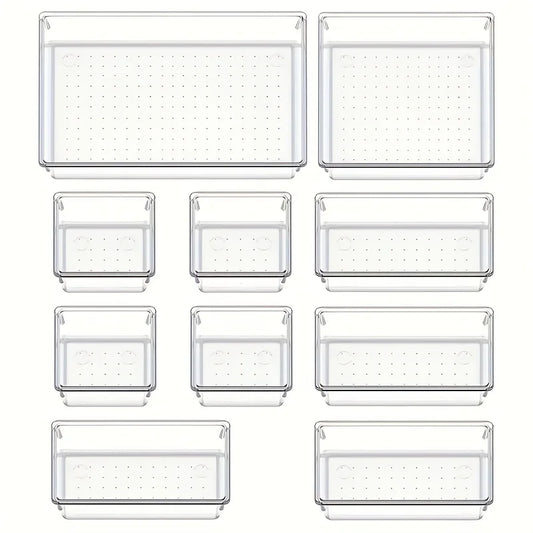 10-Piece Versatile Drawer Organizer Set - Clear Plastic Trays and Dividers in 4 Sizes for Perfect Makeup and Kitchen Storage