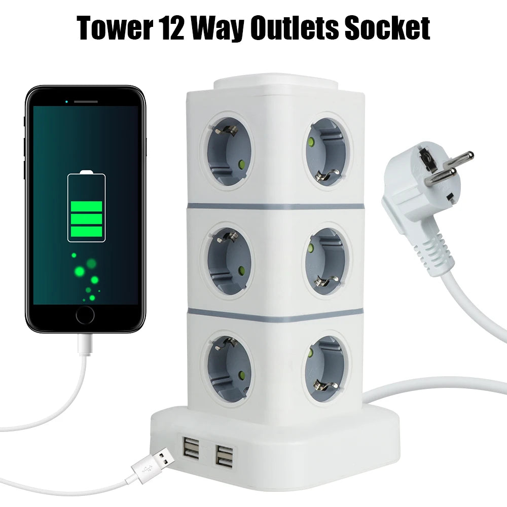 Tour 12 prises multiprises verticales 2,8 m Rallonge électrique Prise UE avec 4 ports USB Interrupteur de protection contre les surcharges 220 V 10 A