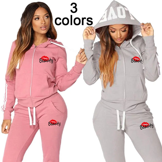 New Women's Printed Sportswear Set Full Zip Hoodie and Pants Casual Sports Set Winter 2-Piece Jogging Set