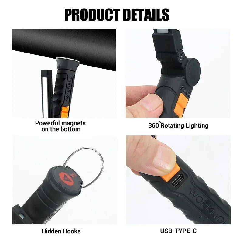 Lampe de poche USB rechargeable avec batterie intégrée, lampe de travail à LED pour camping avec base magnétique, 5 modes pour la maison, le camping en plein air