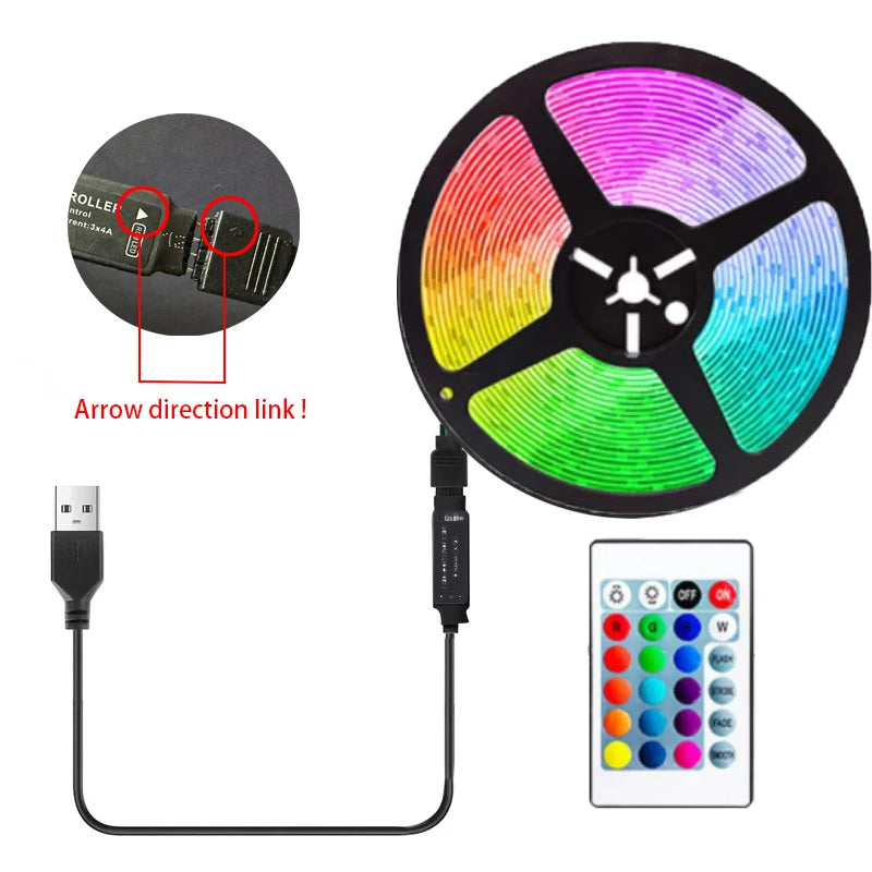 شريط LED USB 5V RGB APP وجهاز تحكم عن بعد بـ 24 مفتاحًا، مع أضواء الصمام الثنائي، مناسب لتزيين الجزء الخلفي من غرفة الكمبيوتر