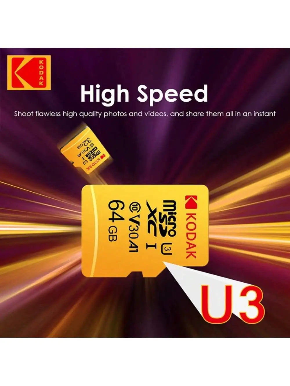 بطاقة ذاكرة Kodak Micro SD بسعة 32 جيجابايت - 256 جيجابايت - فئة عالية السرعة U3 UHS-I للهواتف الذكية والكاميرات الرقمية والأجهزة اللوحية والطائرات بدون طيار Chri