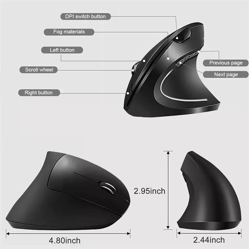 Souris verticale ergonomique sans fil 2,4 GHz, souris optique 3 DPI réglables 800/1200/1600, 6 boutons pour ordinateur portable, ordinateur de bureau