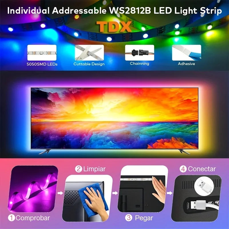 شريط LED USB 5V RGB APP وجهاز تحكم عن بعد بـ 24 مفتاحًا، مع أضواء الصمام الثنائي، مناسب لتزيين الجزء الخلفي من غرفة الكمبيوتر