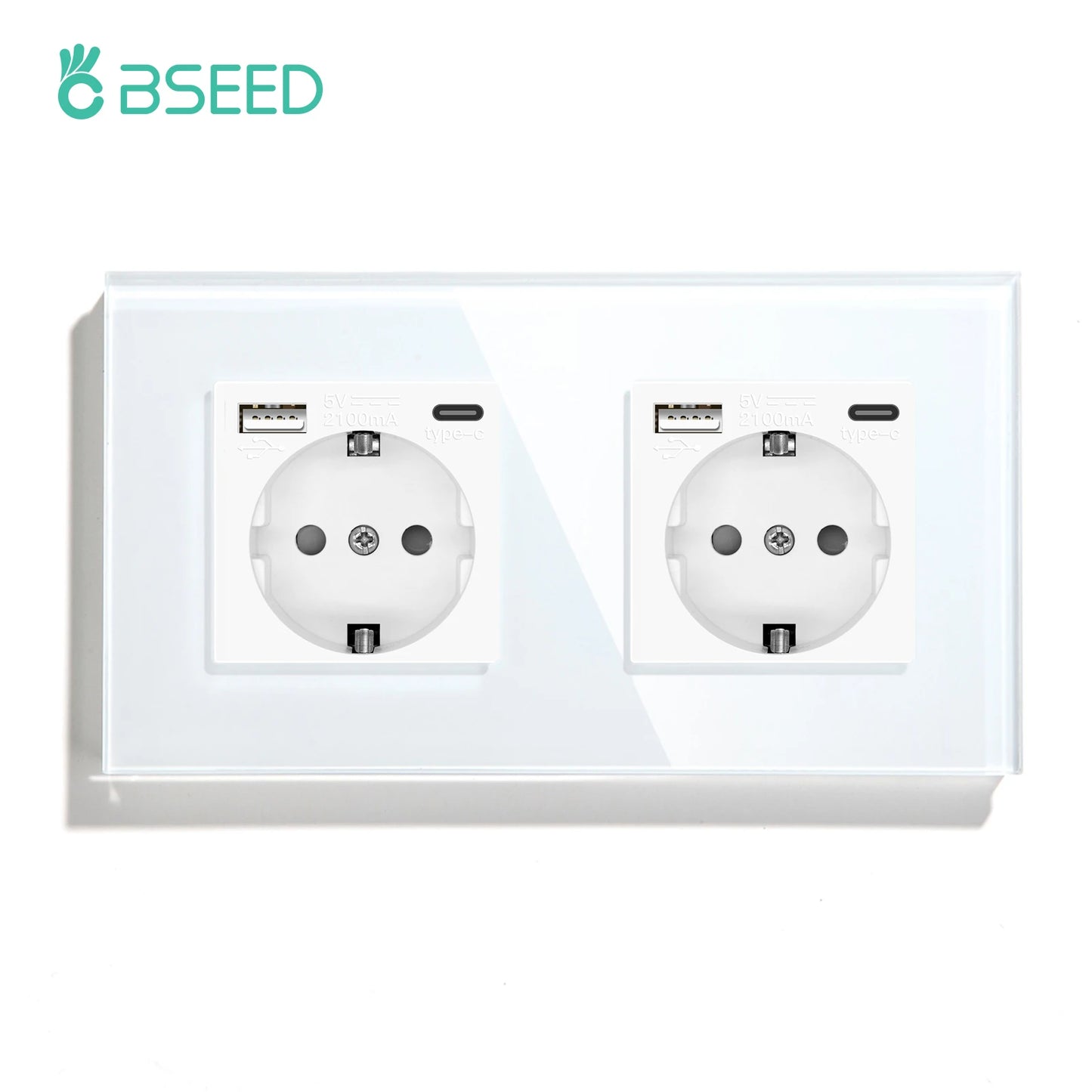 BSEED EU Standard Wall Electrical Sockets Type-C Outlets Wall Power Socket USB Charge Port Glass Panel Kids Protection 16A