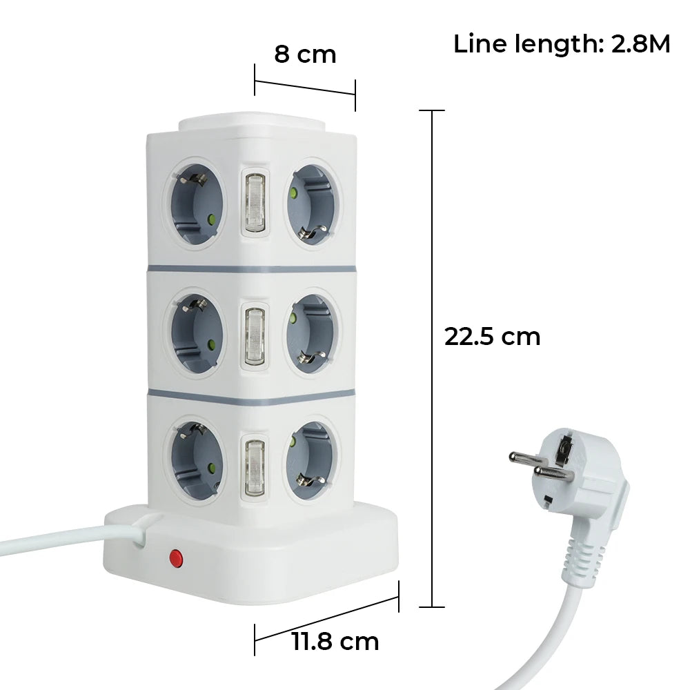 Tower 12 Way Outlets Socket Multi Power Strip Vertical 2.8m Extension Cord EU Plug with 4 USB Overload Protector Switch 220V 10A