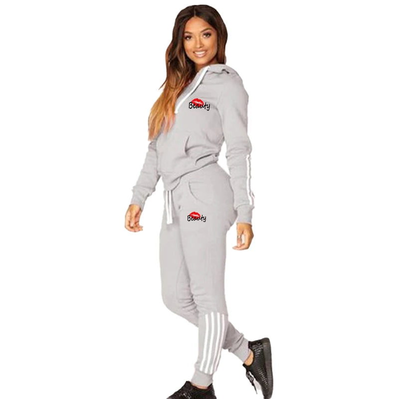 New Women's Printed Sportswear Set Full Zip Hoodie and Pants Casual Sports Set Winter 2-Piece Jogging Set