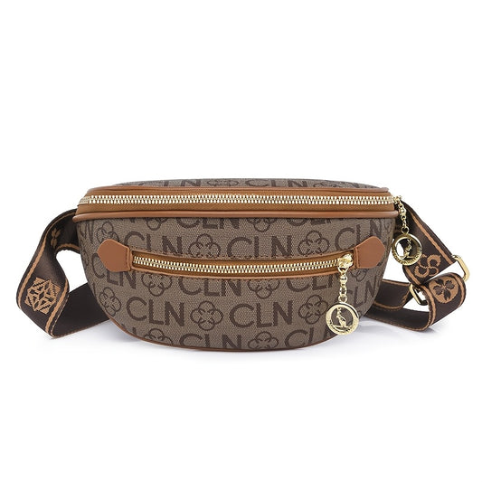 Women'S Vintage Style Waist Bag with Adjustable Shoulder Strap, Double Zipper Compartment and Golden Embellishment - Classic Letter Print Solid Color Crossbody Bag, Crescent Zipper Fancy Bag