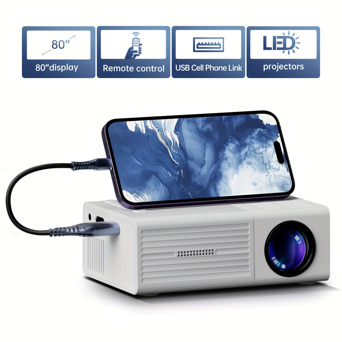 Portable Projector, Supporting 1080P, with USB Interface And Remote Control, Compatible with Smartphones/Tablets/Laptops/Tv Sticks/Usb Drives