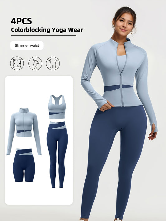 4pcs Women'S Yoga Wear Workout Set with Zipper Jacket Fitness Yoga Leggings Sports Bra Euro Size for Running Fitness And Yoga