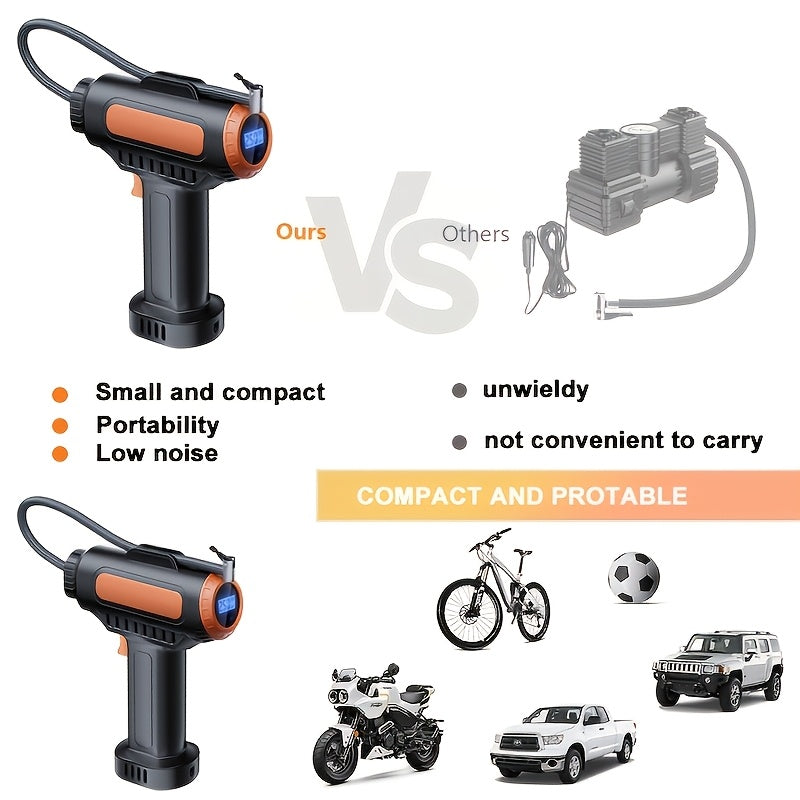 1pc Portable Tire Inflator Air Compressor With LED Light, High Power 2000mAh Battery, With Digital Smart Pressure Gauger, Fast Inflatable Car & Motorcycle Tire Pump