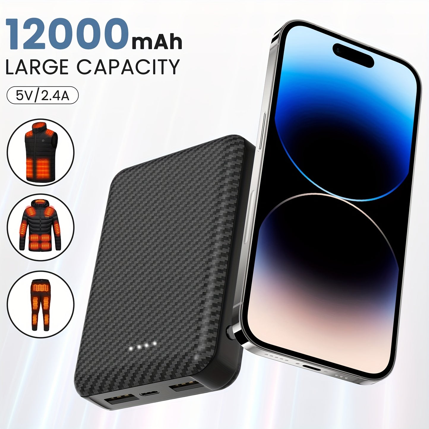 12000mAh USB-C Power Bank - 5V/2.4A Rechargeable Battery Pack for Heated Vests, Jackets & Seat Cushions with 3 Output Ports - Ideal for Smartphones & Tablets