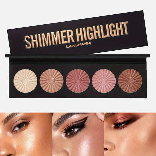 Langmanni 5-Color Highlighter and Contour Palette - Waterproof, Moisturizing, Natural Glow for All Skin Tones, Creamy Texture, Strong Coverage Face Makeup