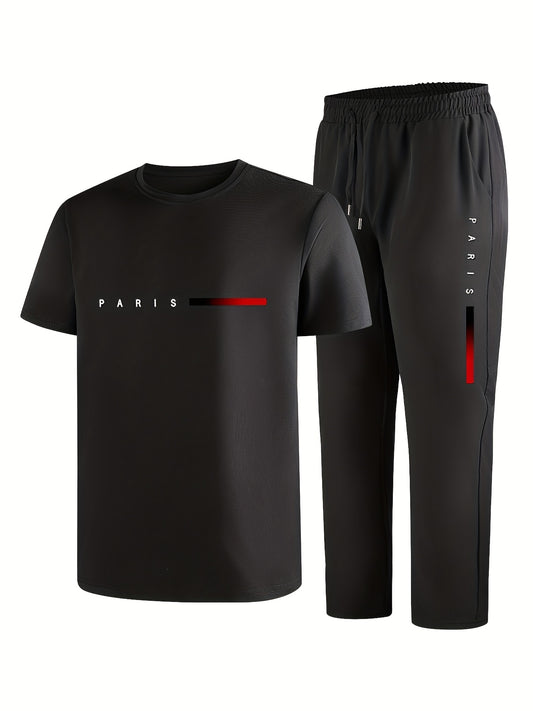 Men'S Casual Sports Two-Piece Set Short Sleeve Top Straight Leg Pants with Paris Print, Fashionable And Trendy, Ideal for Summer, Parties, Casual Outings, And Everyday Wear, Everyday Wear|Short Sleeve Top|Print Trousers