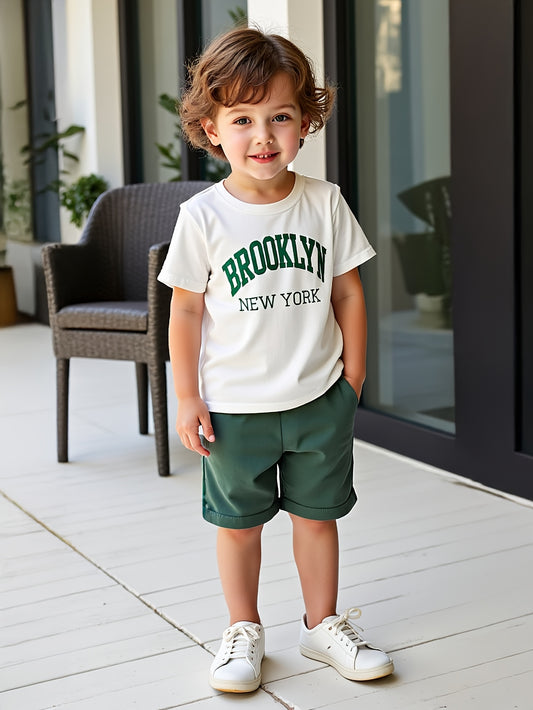 2pcs Summer Casual Shorts & T-Shirt Set for Boys - "Brooklyn New York" Print Tee, Green Shorts, White Sneakers, Polyester Fabric, Casual Summer Attire, Casual Summer Wear | Graphic Tee | Polyester Fabric, Boys Casual Wear, fo