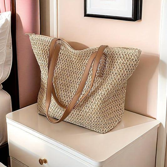 Large Capacity Woven Forest Tote Bag - Beige, One-Shoulder, Zipper Closure, Polyester Lining, Edge Paint Detail, Ideal for Beach & Casual Use, Beach Tote Bag|Woven Handle Bag|Zippered Tote, Beach Bag Tote