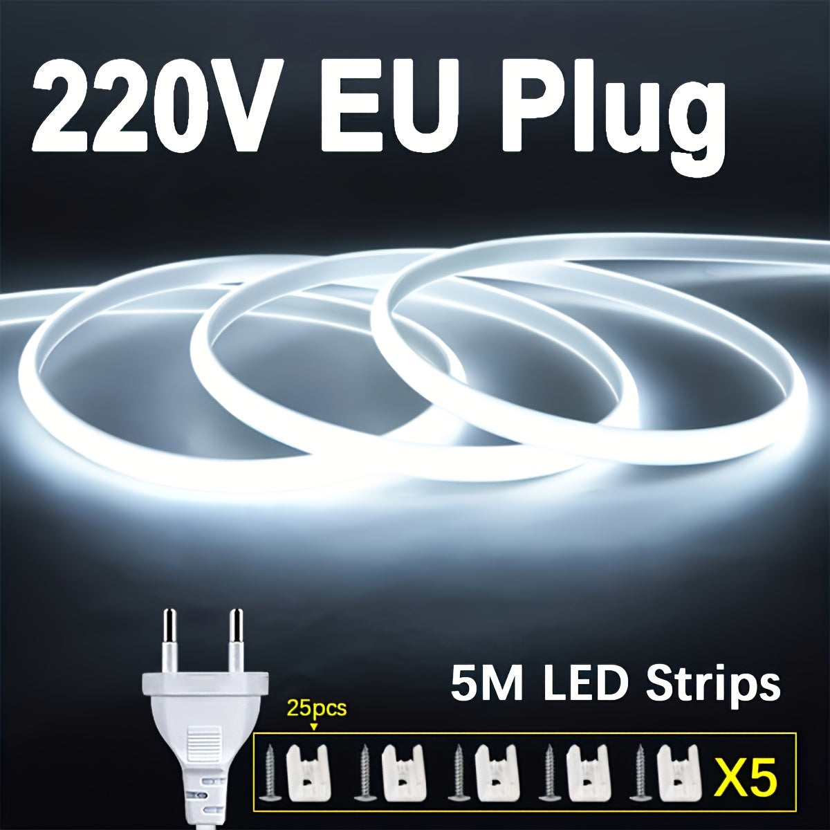 1 Pack 220V COB Flexible LED Strip, 288leds/m, 12W/M LED Strip Lights, 1m Cuttable Outdoor Garden LED Strip Light For Kitchen Bedroom, Free Accessories And 1.2m EU Plug With Switch