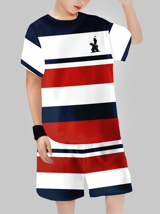 Boys' Polyester 100% Striped T-Shirt and Shorts Set, Casual Crew Neck Pullover with 3D Print, Regular Fit Spring/Summer Knit Fabric Outfit, for Outdoor