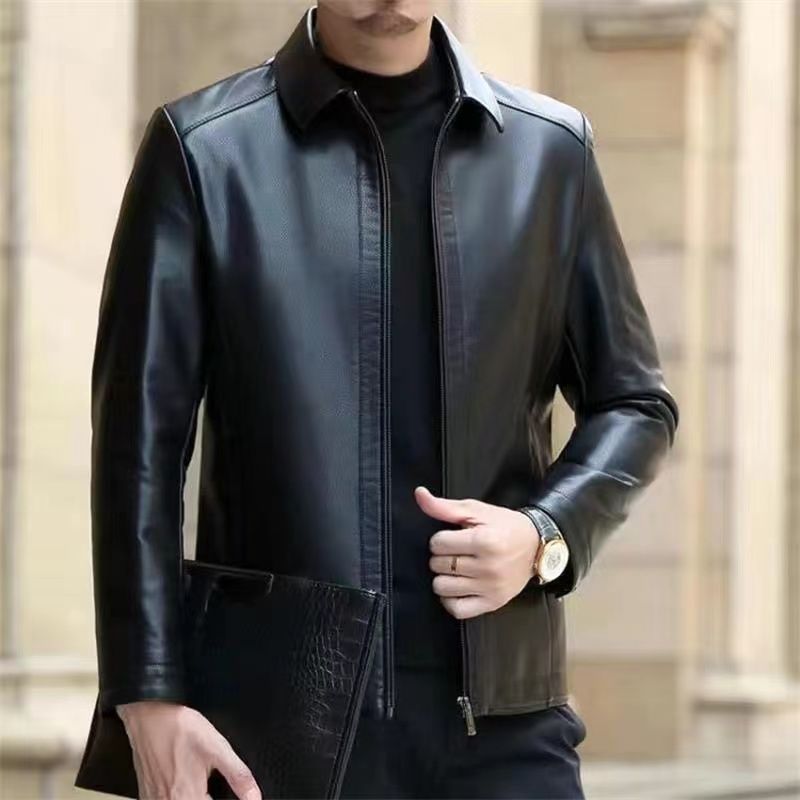 Leather Jacket For Middle-aged Men Leather Clothing With Stand Collar Men Fleece-lined