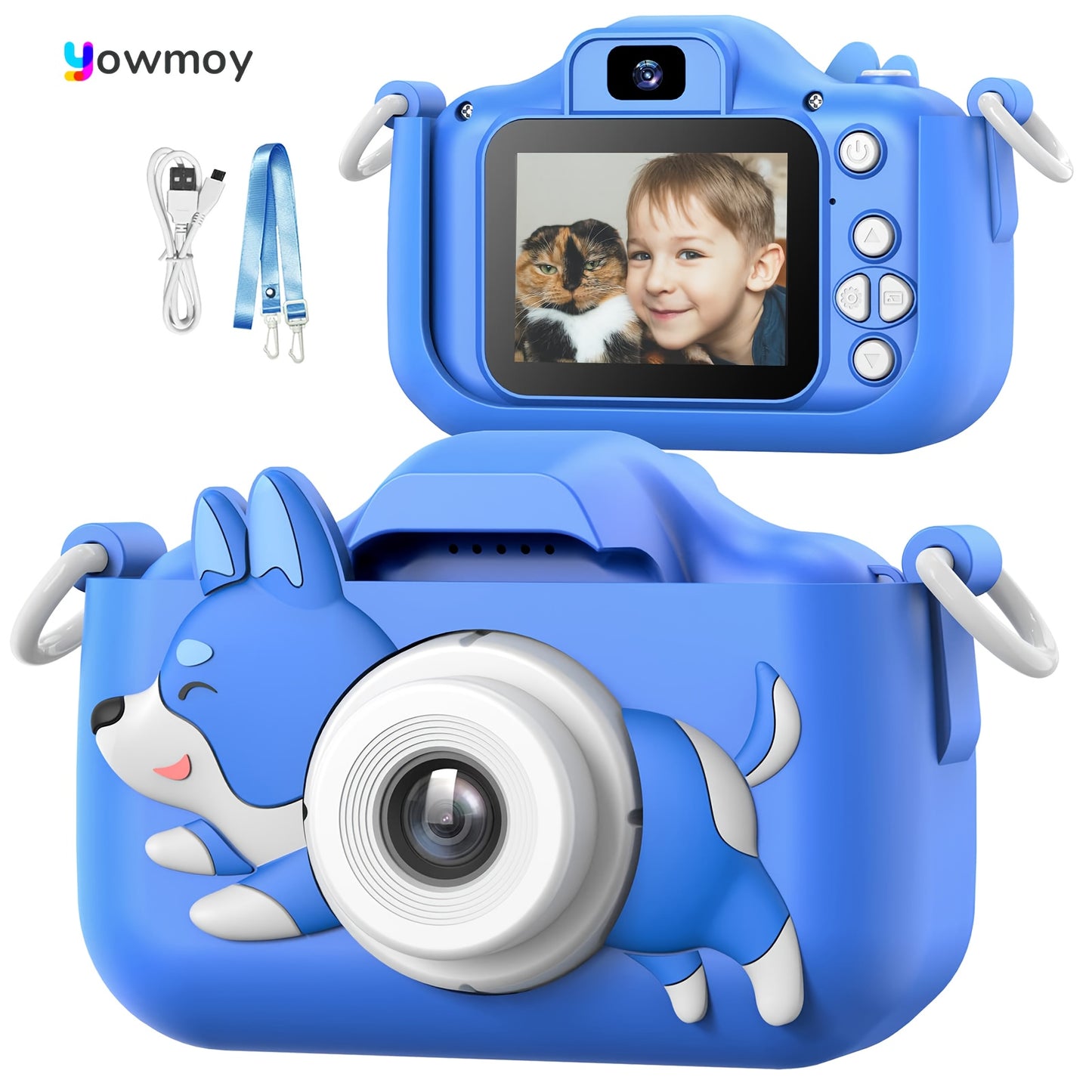 Kids Digital Camera Toy with 32G SD Card, 1080p IPS Screen, USB Charging, Rechargeable Lithium Polymer Battery, Non-Waterproof, Blue with Cartoon Silicone Lid, Includes 6 Beautiful & Funny Frames, Perfect for Boys 3-12 Years