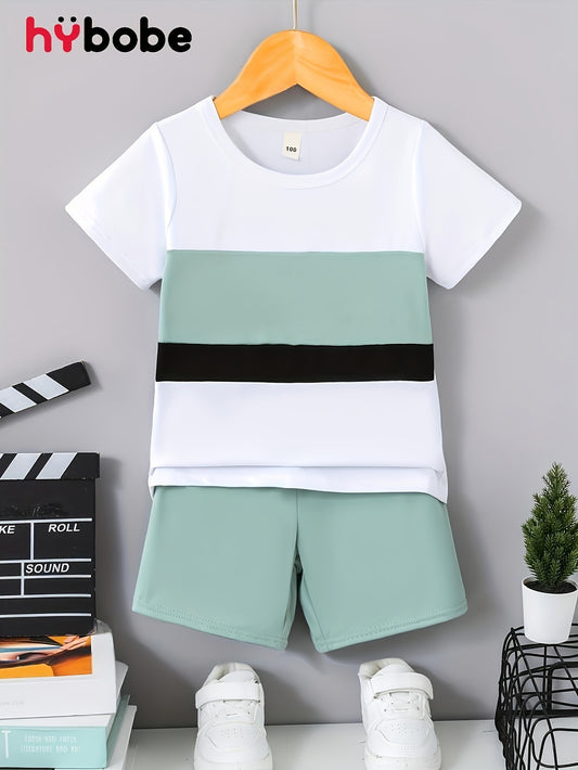 2pcs Boys Casual Color Clash Short Sleeve T-shirt & Solid Color Shorts Set, Comfy Summer Kids Clothes For Daily & Outdoor Wear