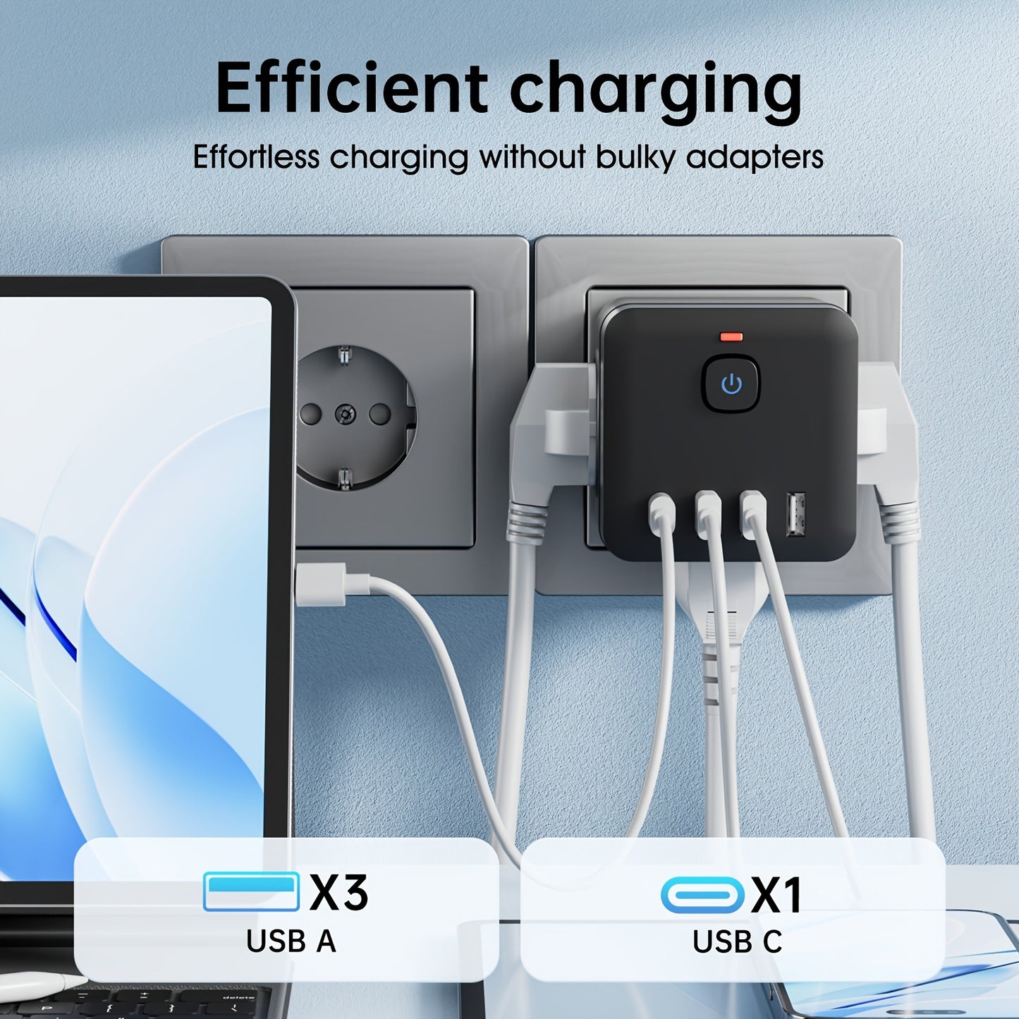 1pc Multi-Function 7-in-1 Wall Plug with Surge Protection, 3 AC Outlets, 4 USB Ports (1 USB C), European Standard Plug, 110V/220V Compatible, Desk Charging Station for Office, School, Travel - Black/White