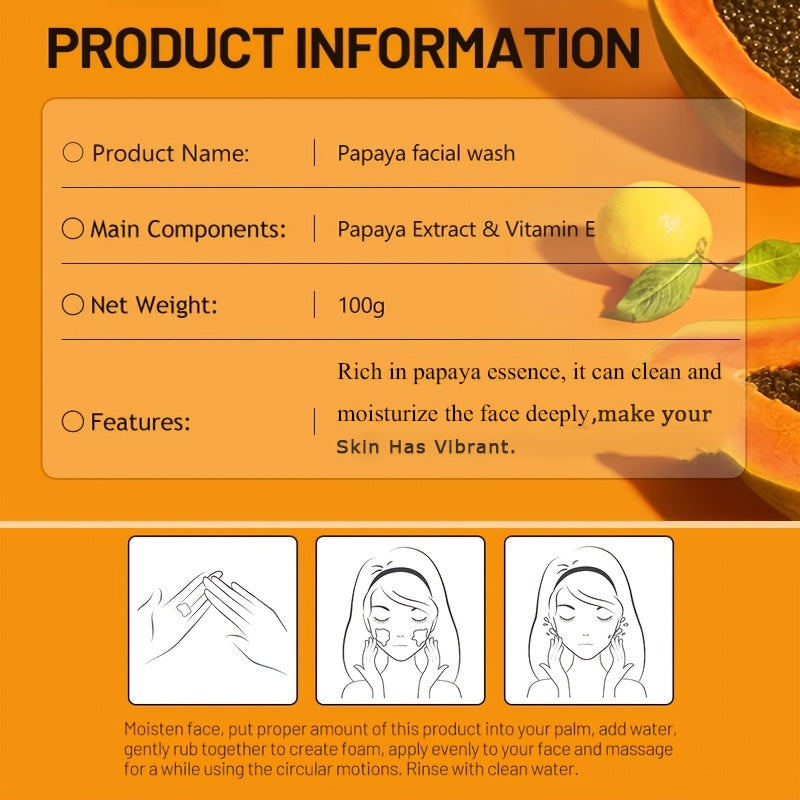100g Papaya Facial Cleanser, Papaya Essence + Vitamin E Moisturizing Whitening Skincare, Sweet Papaya Scent, Gentle Non-Irritating Face Wash, Alcohol-Free, Oil-Free, Keeps Light Beige Clean and Bright, Protects Summer Dryness