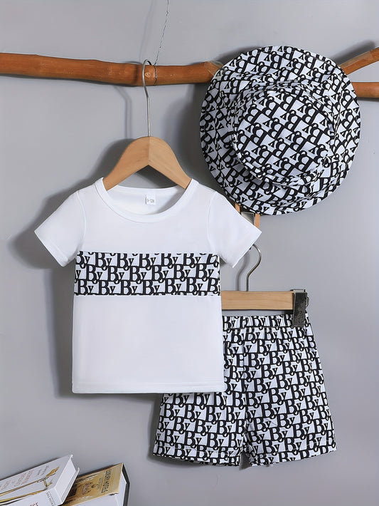 Boys' Summer Short Sleeve Letter Print T-Shirt + Letter Print Shorts Set Fashion Outdoor + Hat, for Outdoor