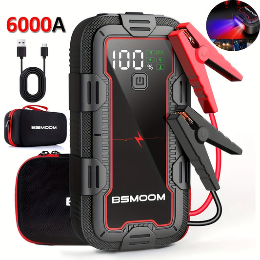 BSMOOM 6000A Car Battery Booster, Portable Car Starter (Up to 10.0L Diesel Or All Gas), 12V Jump Starter with LCD Display, LED Light