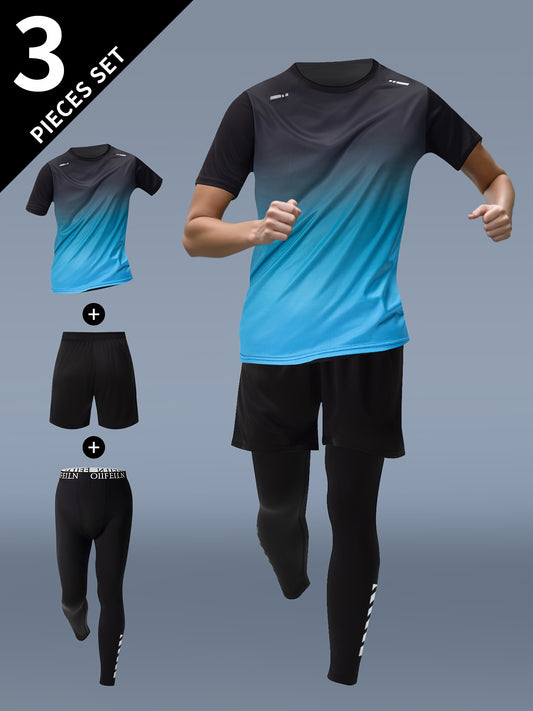 3pcs Men'S Athletic Wear Set - Short Sleeve T-Shirt, Shorts, and Leggings with Gradient Blue and Black Design, Polyester Blend, Summer Sports Gear, Athletic Wear Set|Gradient Sportswear|Stretchy Fabric