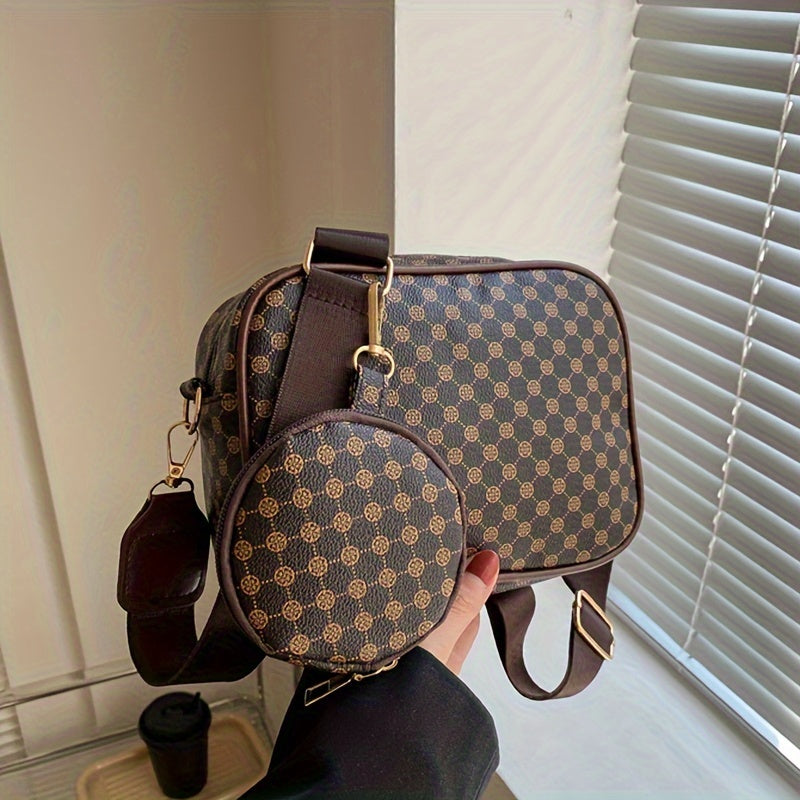 Vintage Plaid Faux Leather Crossbody Bag with Removable Strap, Zipper Closure, Polyester Lined, Painted Edges, Small Pouch - Women'S Shoulder Shell Bag for Occasions