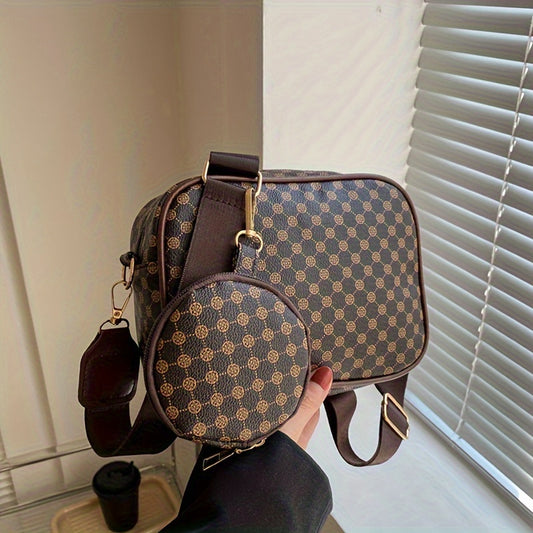 Vintage Plaid Faux Leather Crossbody Bag with Removable Strap, Zipper Closure, Polyester Lined, Painted Edges, Small Pouch - Women'S Shoulder Shell Bag for Occasions