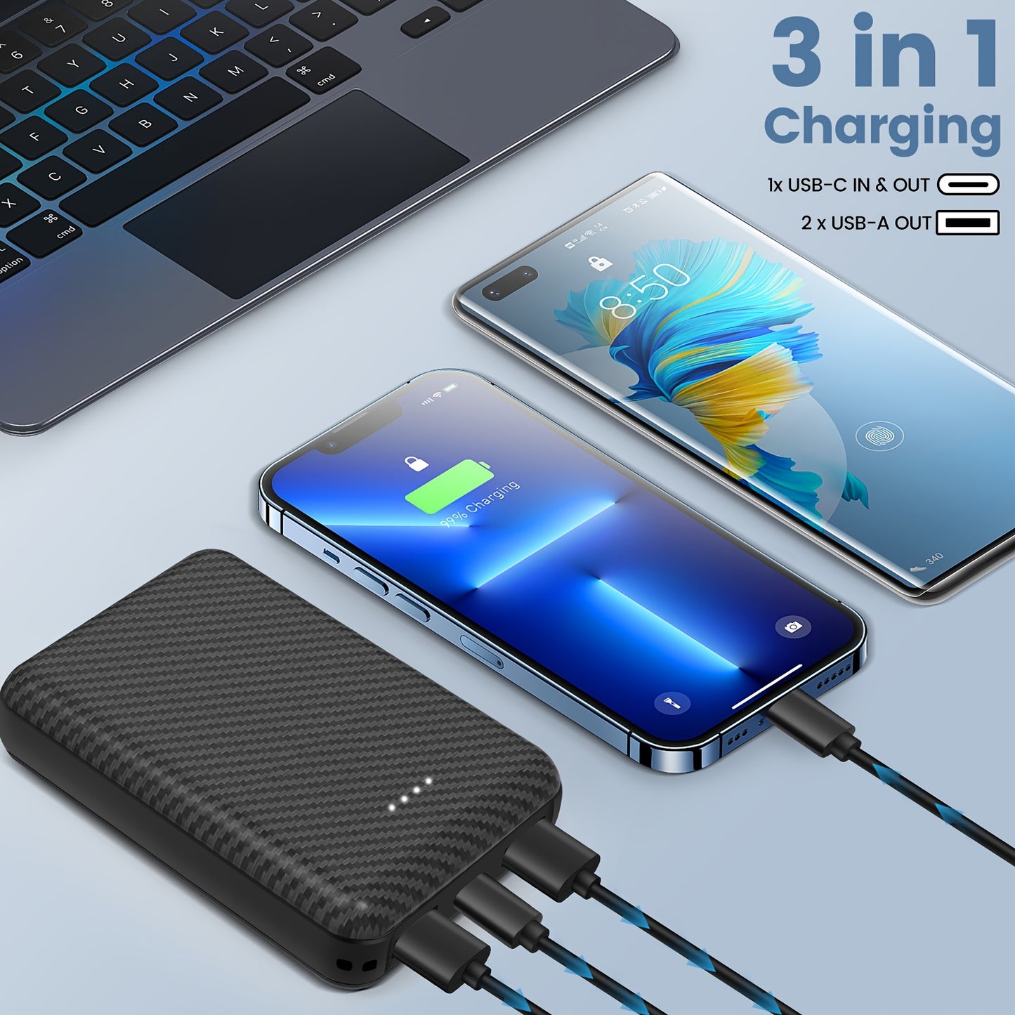 12000mAh USB-C Power Bank - 5V/2.4A Rechargeable Battery Pack for Heated Vests, Jackets & Seat Cushions with 3 Output Ports - Ideal for Smartphones & Tablets