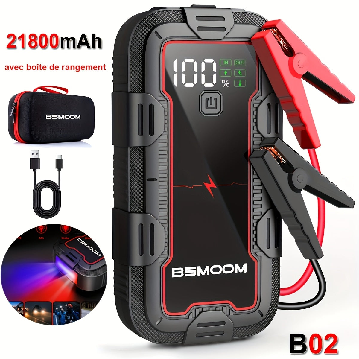 BSMOOM 6000A Car Battery Booster, Portable Car Starter (Up to 10.0L Diesel Or All Gas), 12V Jump Starter with LCD Display, LED Light