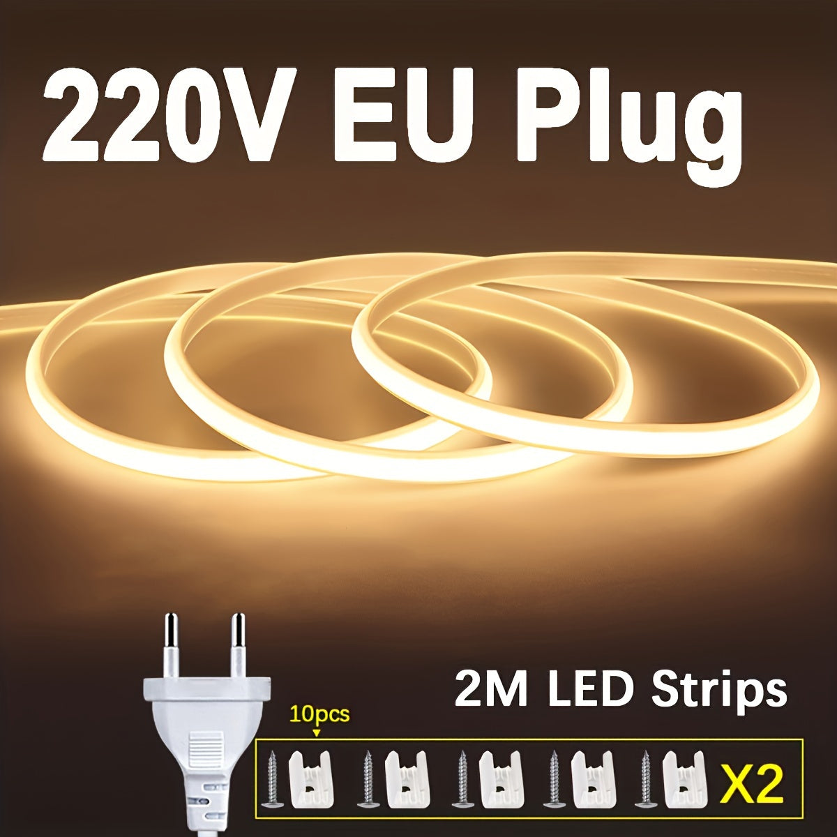 1 Pack 220V COB Flexible LED Strip, 288leds/m, 12W/M LED Strip Lights, 1m Cuttable Outdoor Garden LED Strip Light For Kitchen Bedroom, Free Accessories And 1.2m EU Plug With Switch