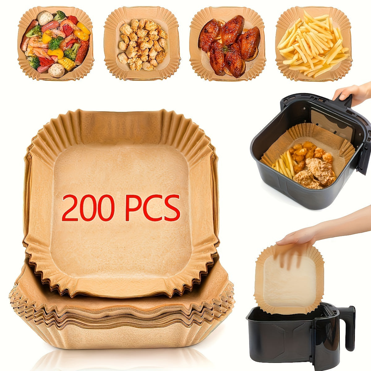 50/100/200pcs-Air Fryer Disposable Paper Liner, Square Air Fryer Liner Suitable for 2-8QT, Oil-proof without Tray - Kitchen Accessories, Non-stick Parchment Paper for Frying, Baking, Cooking, Grilling and Microwave