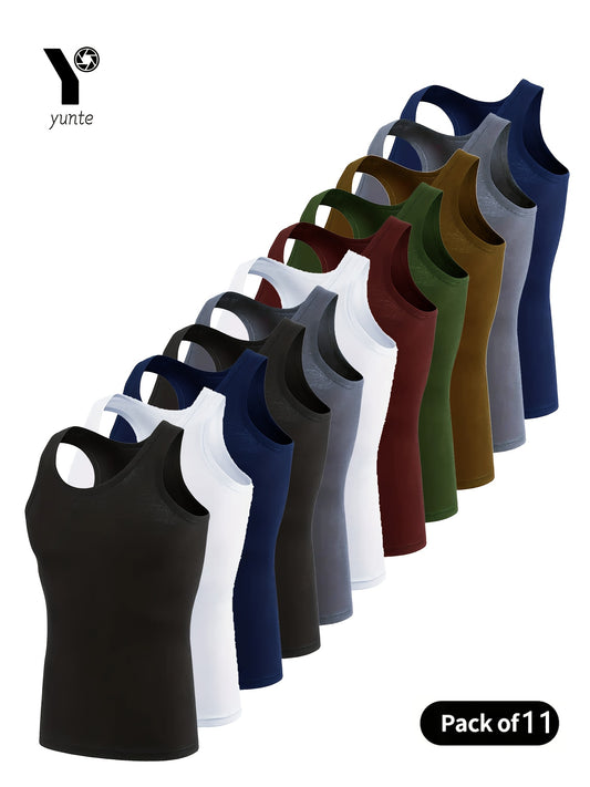 11pcs Men's Sleeveless Athletic Tops - Breathable, Quick-Dry Polyester Workout Shirts in Assorted Colors (Black, White, Navy, Gray, Red, Green, Khaki) for Gym, Running, and Casual Wear