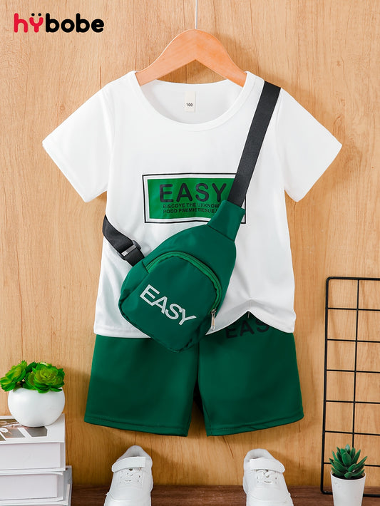 Boys' 3pcs Set White Crew Neck T-Shirt with EASY Lettering & Green Elastic Waist Shorts & Green Crossbody Bag Casual Comfortable Outdoor Outfit, Gift Idea, Perfect for Outdoor