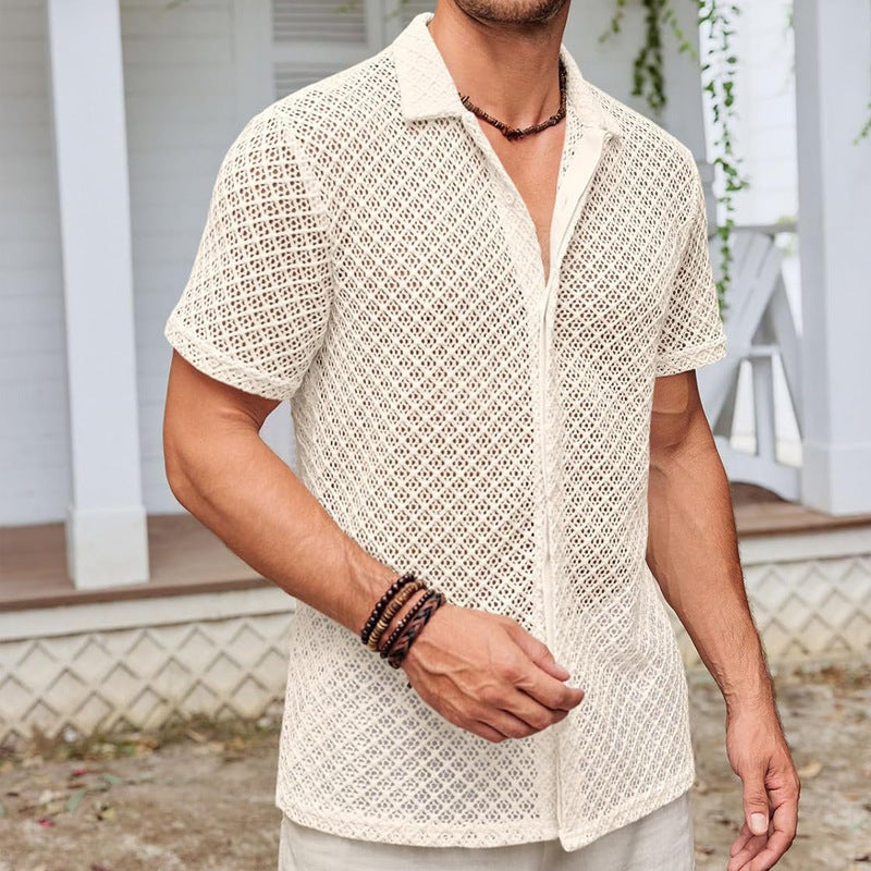 Fashion Solid Color Polo Collar Short Sleeve Mesh Shirt Tops Men Clothing