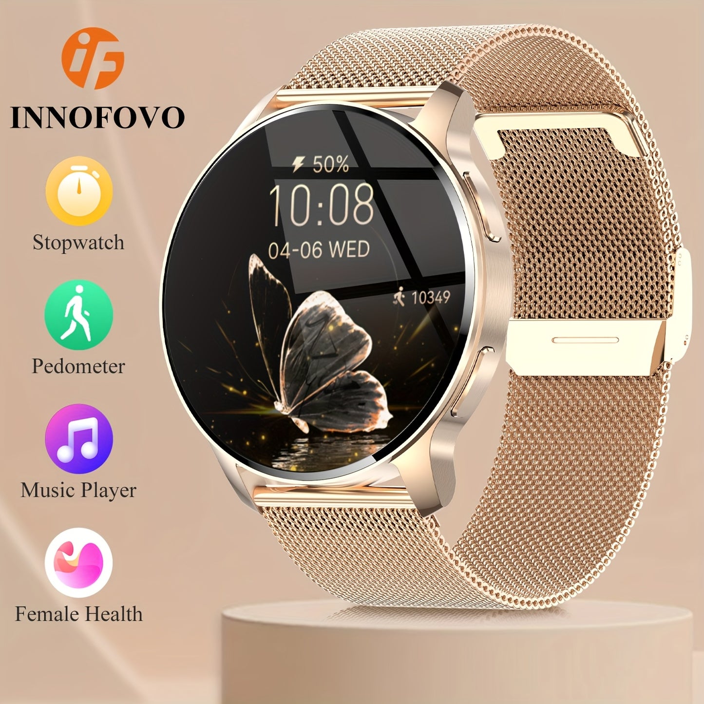 INNOFOVO Smart Watch, 3.35cm HD TFT Screen, Alloy Body, Wireless 5.0, USB Charging, Lithium Battery-Polymer, Screen Ratio, with 110+ Sport Modes, Fitness Tracker, Sleep Monitor, Pedometer, Activity Tracker, Alarm Clock, Weath
