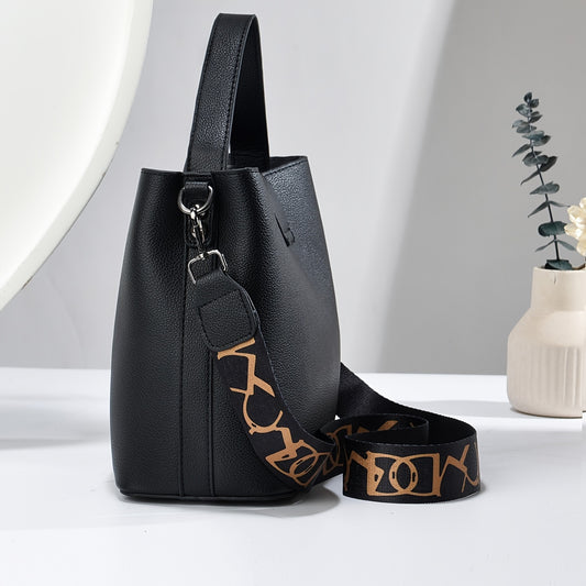 Stylish Black Tote Bag with Golden-Tone Hardware & Decorative Strap - Large Capacity Shoulder & Crossbody Bag for Women, Lychee Texture Design, Secure Travel Purse | Decorative Strap Detail | Bag