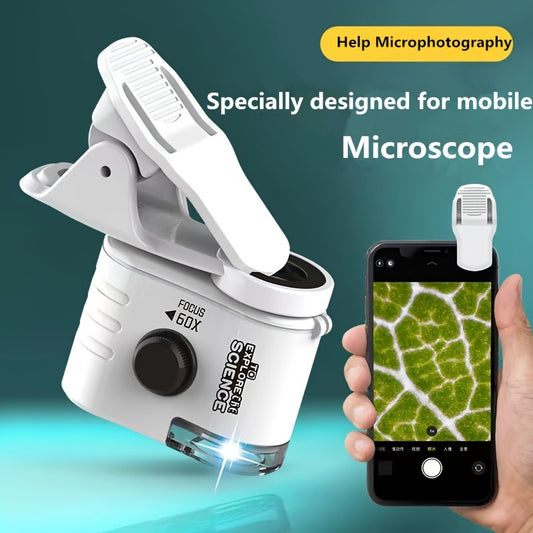 Mini microscope pour téléphone portable, microscope de poche 60x, endoscope portable à grossissement éclairé par LED avec un clip adaptateur pour téléphone portable