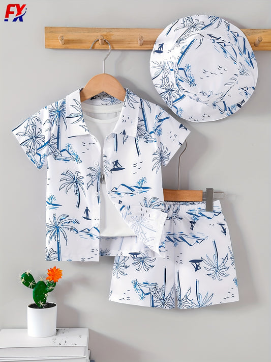 Boys' summer fashionable vacation style wove shirt & shorts & fisherman hat, very suitable for seaside vacations, Perfect for Outdoor